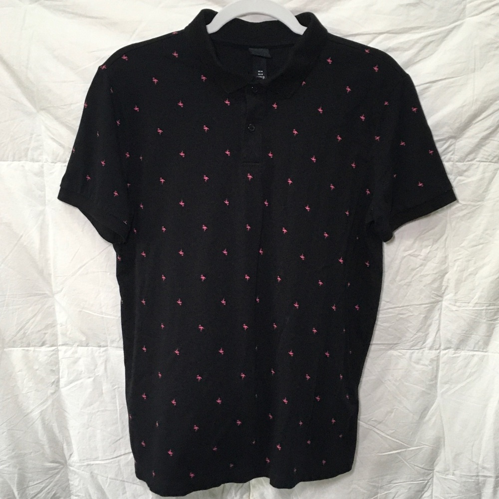 H&M Men’s Flamingo Print Polo Style Short Sleeve Shirt Sz. Medium Black and Pink